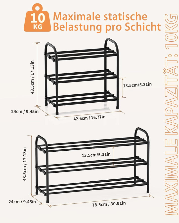 Ausziehbares Schuhregal, 3 Ebenen Adjustable Schuhregal Metall 43 to 78cm, Standregal Schmal Schuhab