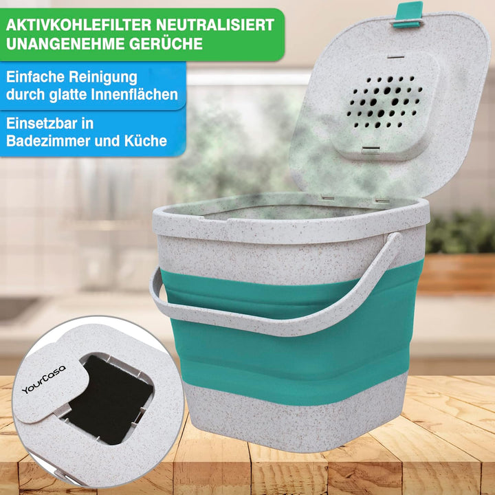 YourCasa® Faltbarer Biomülleimer 4L - kompakter Bio Mülleimer mit geruchsdichtem Aktivkohlefilter-De