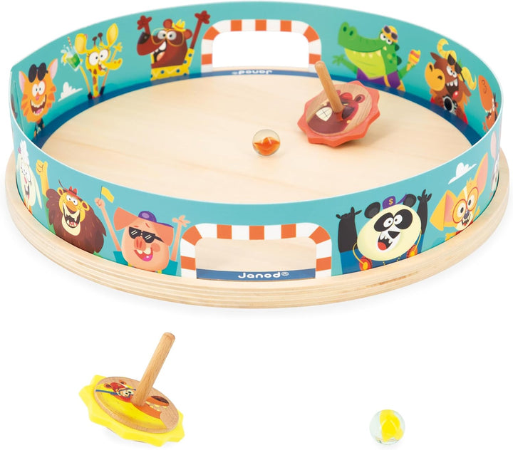 Janod - Kreisel-Arena Applepop - Geschicklichkeitsspiel für Kinder - 1 Arena + 2 Kreisel mit Startvo