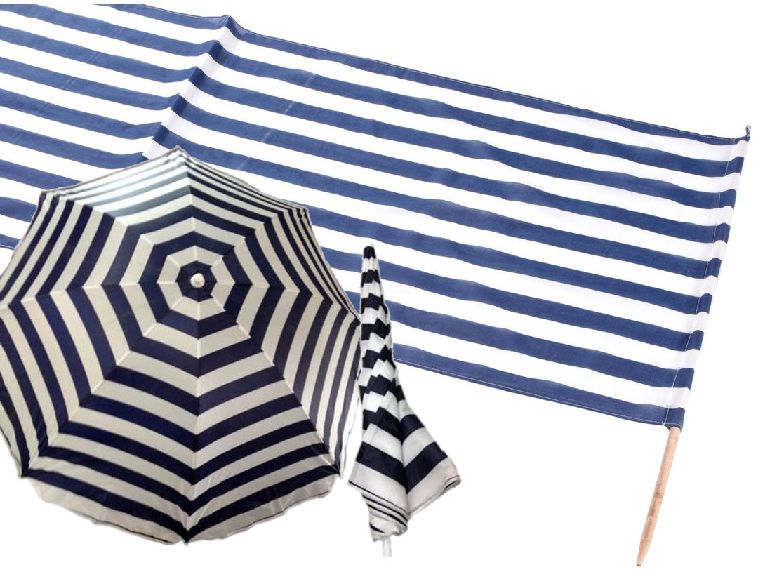 Iden 7576566 - Idena Baumwoll Windschutz incl. 5 Holzstäbe, 5 m x 0,80 m (Set mit Sonnenschirm, Blau