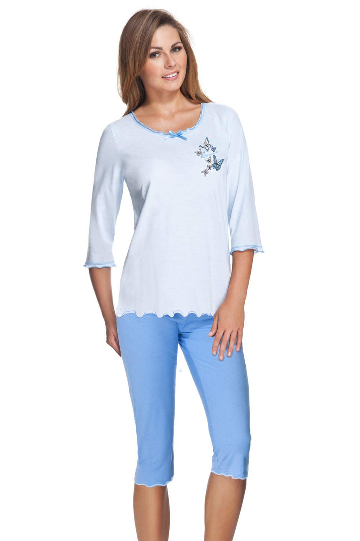 e.Femme® Damen Schlafanzug 259 aus Baumwolle und Modal, Blau