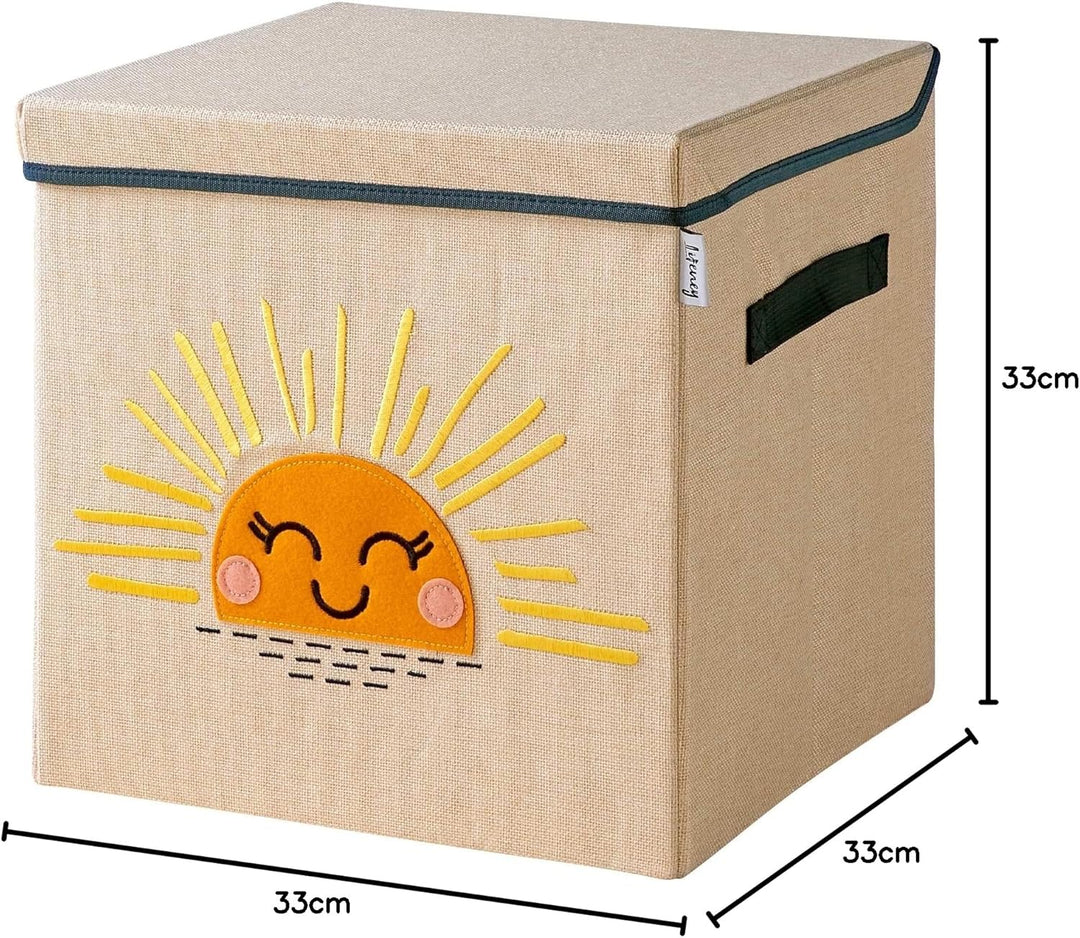 Aufbewahrungsbox mit Deckel und Sonne I Spielzeugbox mit Motiv passend für Würfelregale I Ordnungsbo