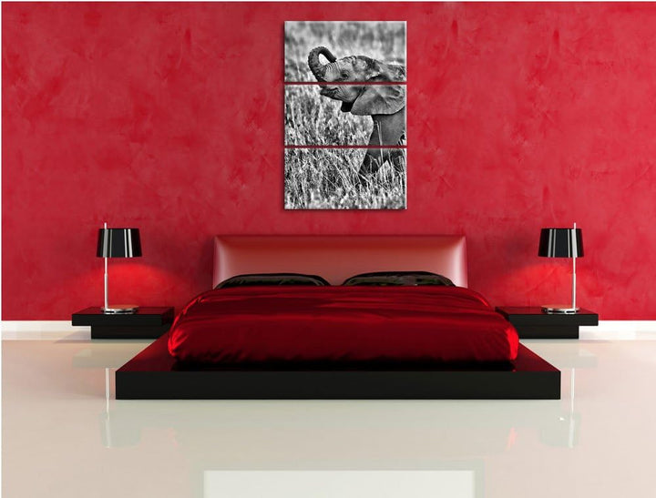 Pixxprint kleines Elefantenjunges als Leinwandbild/Grösse: 3 Teilig (120x80) cm/Wandbild/Kunstdruck/