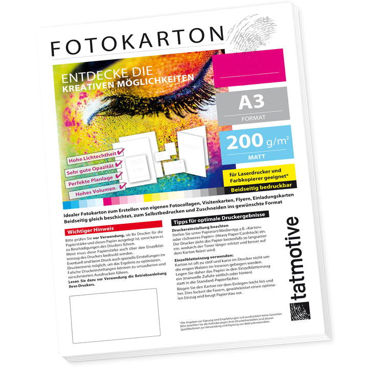 TATMOTIVE Fotokarton Fotopapier DIN A3 200g MATT weiss/Laserdrucker/Beidseitig bedruckbar / 50 Blatt