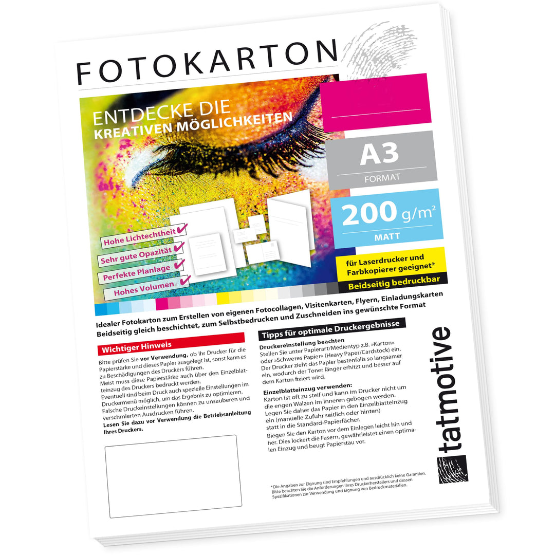 TATMOTIVE FA3200M125 Fotokarton Fotopapier 200g matt weiss/Laserdrucker/DIN A3 / Beidseitig bedruckb