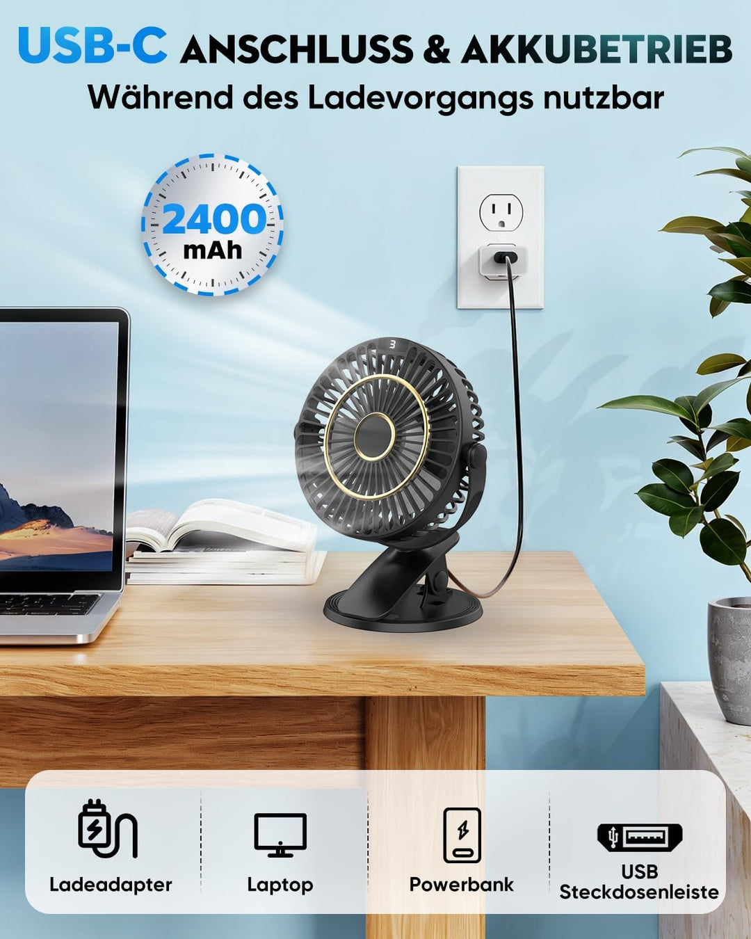 COZII Mini Ventilator, USB Ventilator Leise Clip Ventilator Tischventilator mit LED-Anzeige, 720° Dr