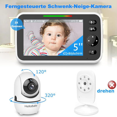 HelloBaby Video-Babyphone, 5 Zoll geteilter Bildschirm mit 30-Stunden-Akku, Pan-Tilt-Zoom Babyphone