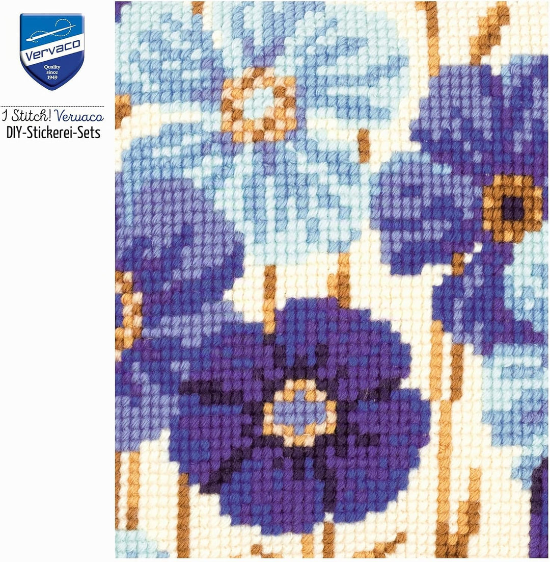 Vervaco VER Kreuzstichkissen Anemonen in Blau, Baumwolle, Mehrfarbig, 40 x 40 x 0.3 cm