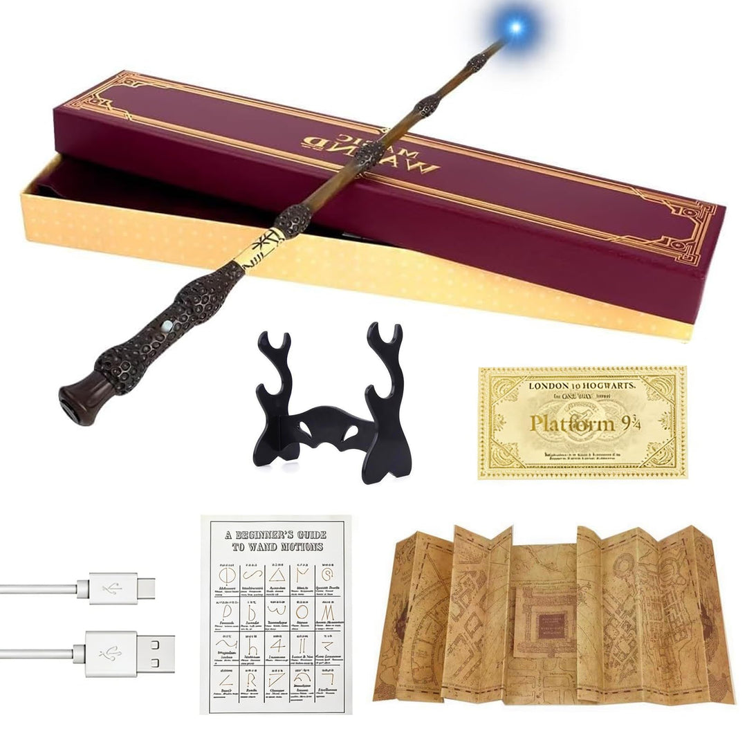 Dumbledore Zauberstab mit Licht, 38CM USB Aufladung Zauberstab Dumbledore mit Halter, Zauberspruch-K