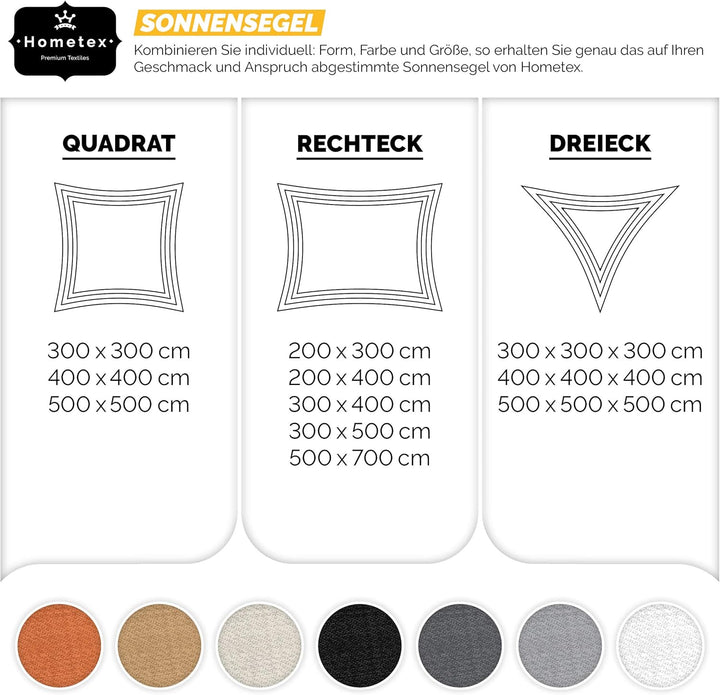 Hometex Premium Textiles Sonnensegel 3×3m Quadratisch inkl. Befestigungseile | Sahne | Sonnenschutz