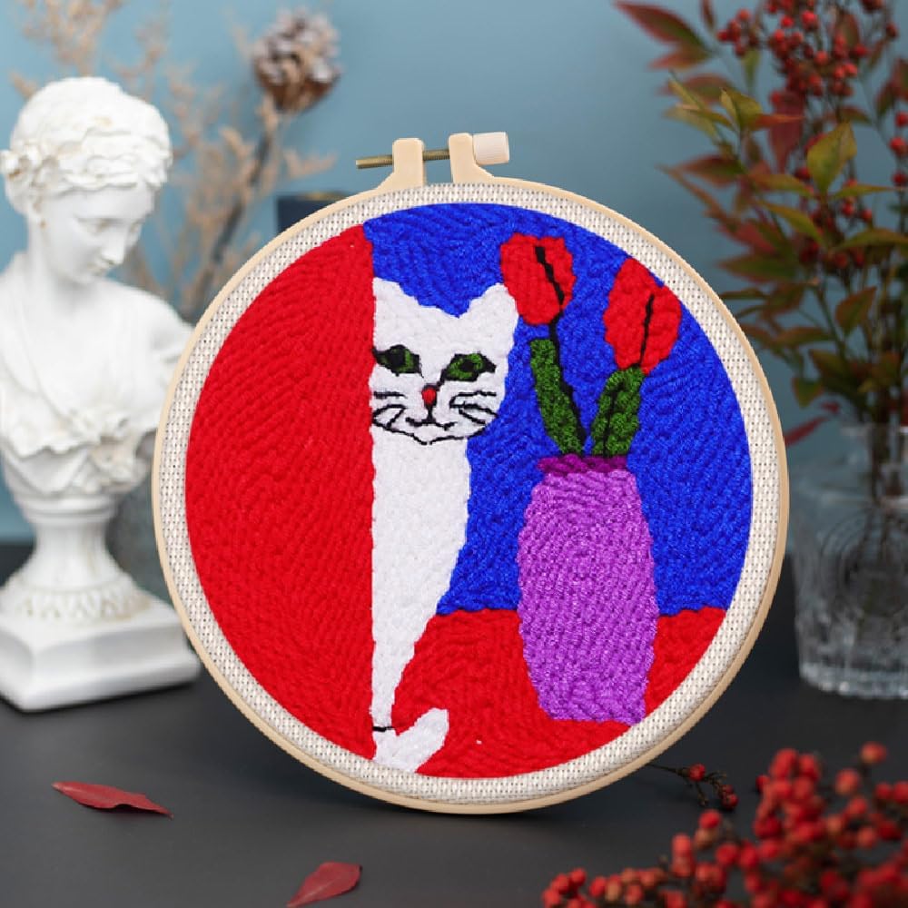 Figured'Art Punch Needle Set für Erwachsene - Stickerei, ideal für Anfänger - Neugierige Katze - 20x