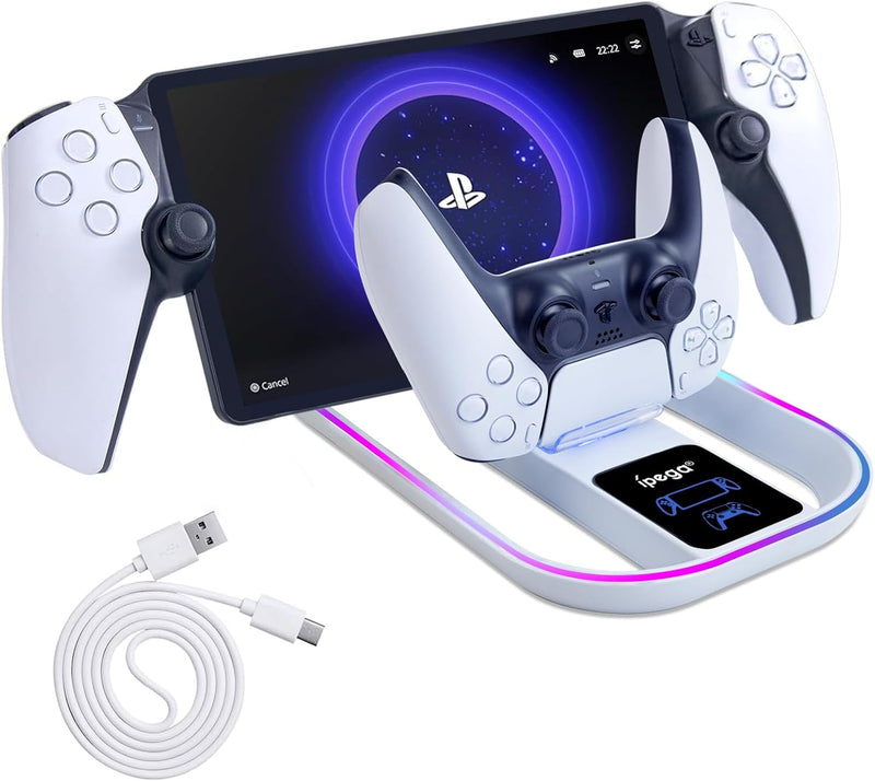 Ladestation für PS Portal und PS5 Controller,Tragbares Ladegerät mit RGB 14 Lichteffekt für PS Porta