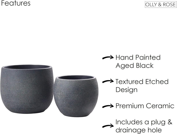 Olly & Rose Barcelona Keramik-Blumentopf-Set 2 – Pflanzgefässe für drinnen und draussen, Schwarz, Sc