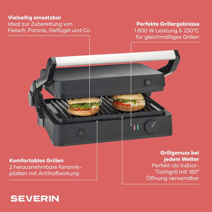SEVERIN SEVINI Lite, Kontaktgrill für Fleisch, Fisch &amp; Gemüse, Keramikbeschichteter Sandwich-Maker f