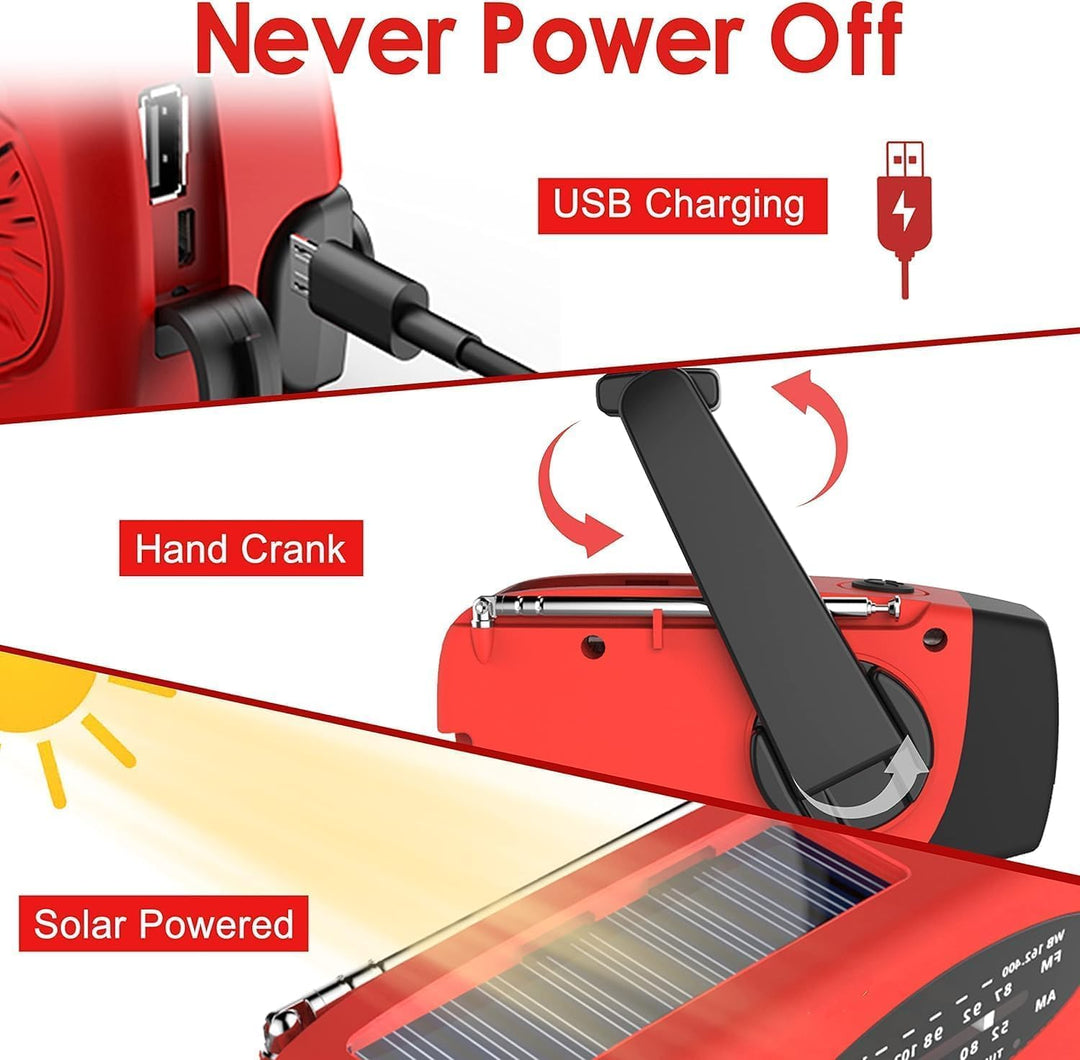 1 Stück Solar Kurbelradio mit 3-LED Taschenlampe | Tragbares 2000mAh NI-MH Notfall Powerbank | IPX3