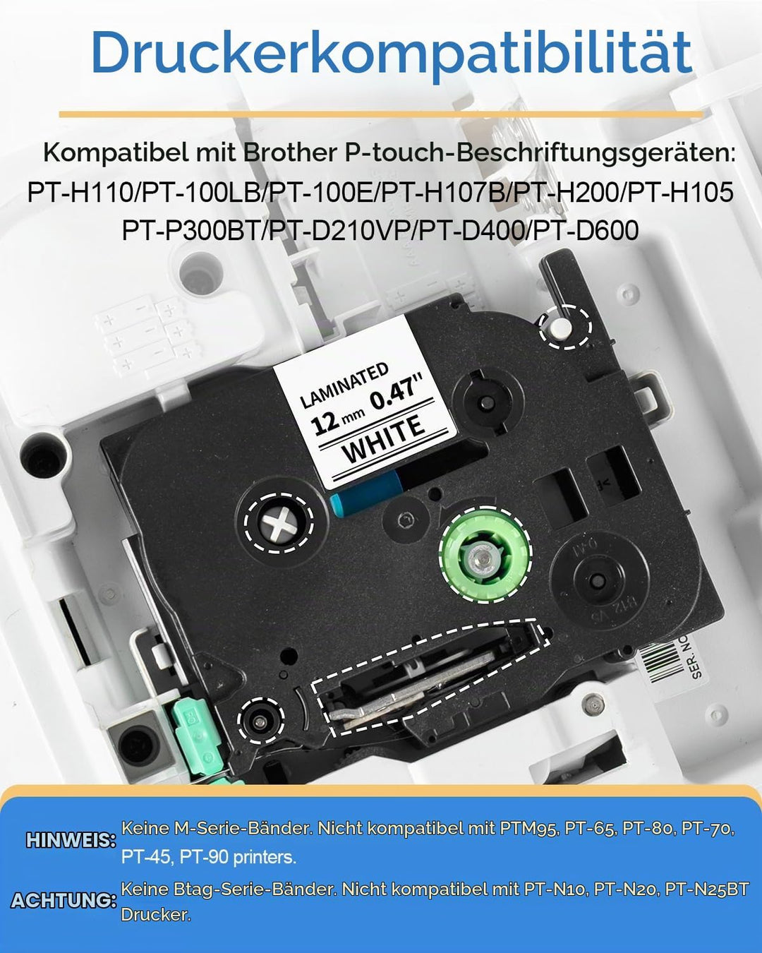 Oozmas TZ Tape 12mm 0.47 White kompatible mit Brother Ptouch Schriftband TZe-231 AZe-231, Laminated