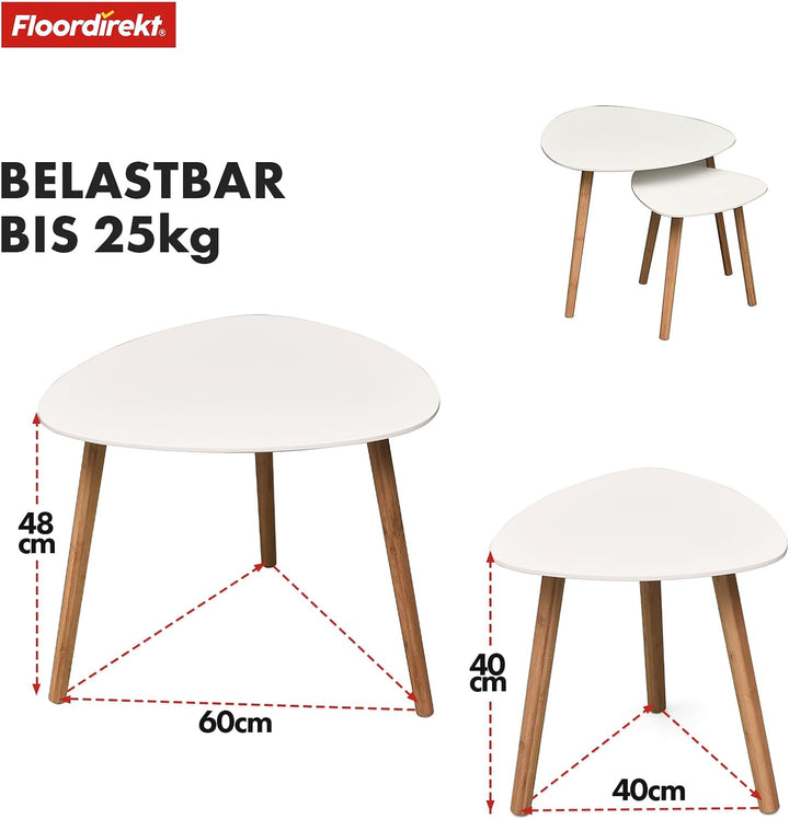 Floordirekt 2er Set Couchtisch in Weiss, Beistelltisch aus Holz, Wohnzimmertisch rund, Kleiner Sofa