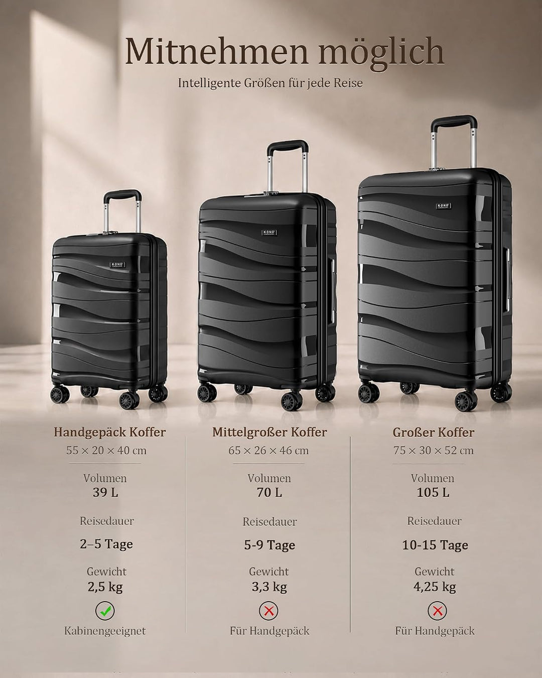 KONO Trolley Koffer Mittelgross Leicht Hartschalenkoffer Reisekoffer mit 4 Rollen und TSA Schloss, 6