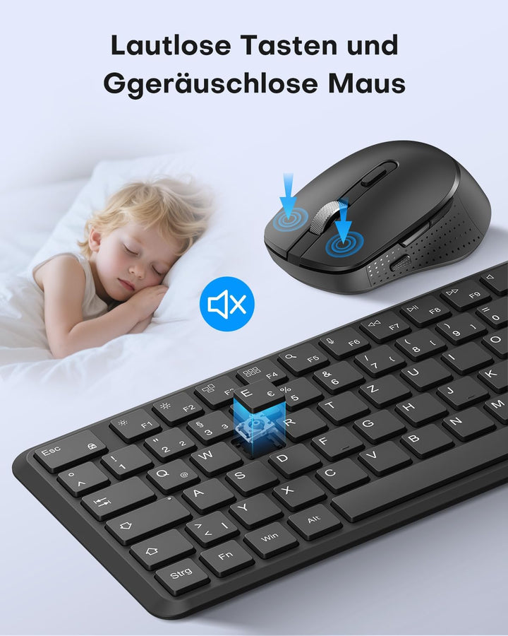 OMOTON Tastatur Maus Set Kabellos, Funktastatur und Maus 2,4 GHz in Voller Grösse, QWERTZ Deutsches