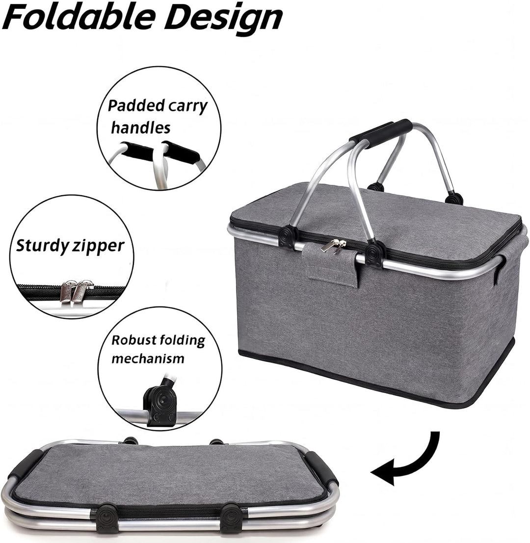 Einkaufskorb Faltbar mit Kühlfunktion Kühltasche Thermokorb mit Deckel Picknickkorb mit Aluminiumrah