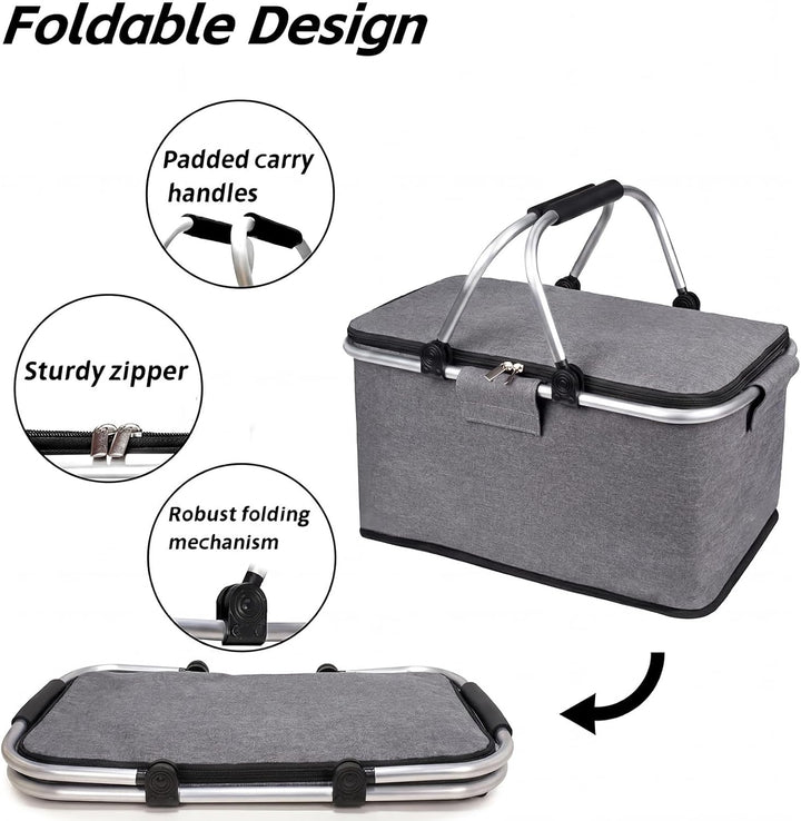 Einkaufskorb Faltbar mit Kühlfunktion Kühltasche Thermokorb mit Deckel Picknickkorb mit Aluminiumrah