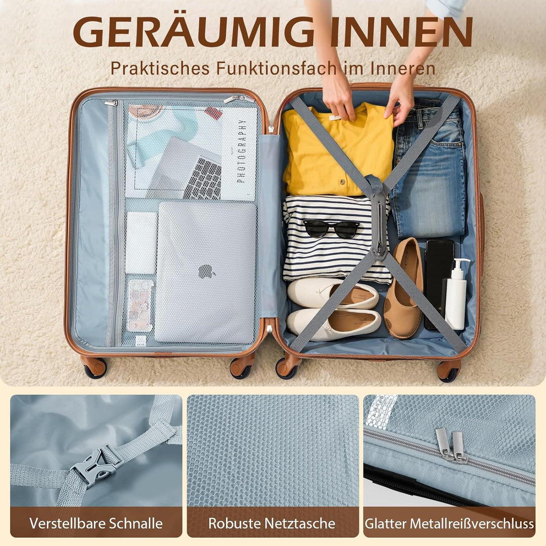 COOLIFE Hartschalen-Koffer Trolley Rollkoffer Reisekoffer mit TSA-Schloss und 4 Rollen (Blau/Braun,