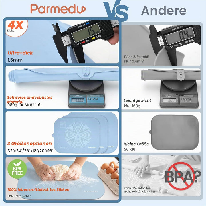 Parmedu Extra Grosse Verdickte Silikon-Teigunterlage: 80x60cm Antihaft-Knetmatte mit Aufbewahrungsgu