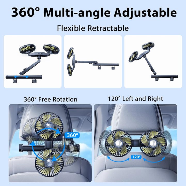 Akku-Ventilator für Auto-Rücksitz mit einziehbarem langem Arm, [Geschenk-Kfz-Ladegerät & USB-C-Kabel