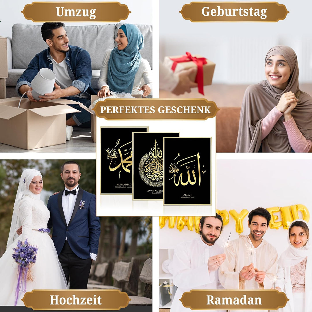 HAVA Artwork Islamisches Goldfolien Poster Set Schwarz, Islamische Poster, Islamische Bilder, Islami