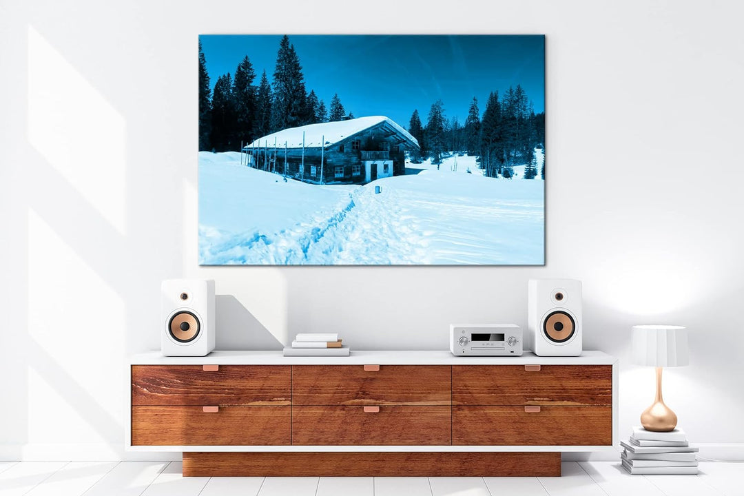 deyoli Skihütte im Winter Format 60x40 Effekt: Monocrome Blau als Leinwandbild, Motiv fertig gerahmt