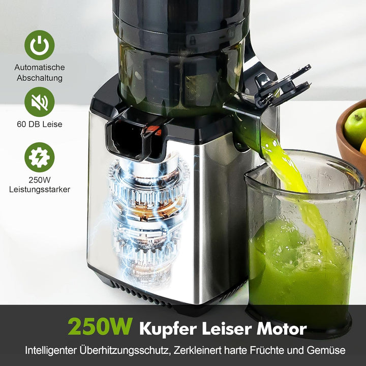 Fretta Entsafter Slow Juicer, Edelstahl Entsafter Gemüse und Obst Testsieger, 135MM Öffnung & 1,8L J
