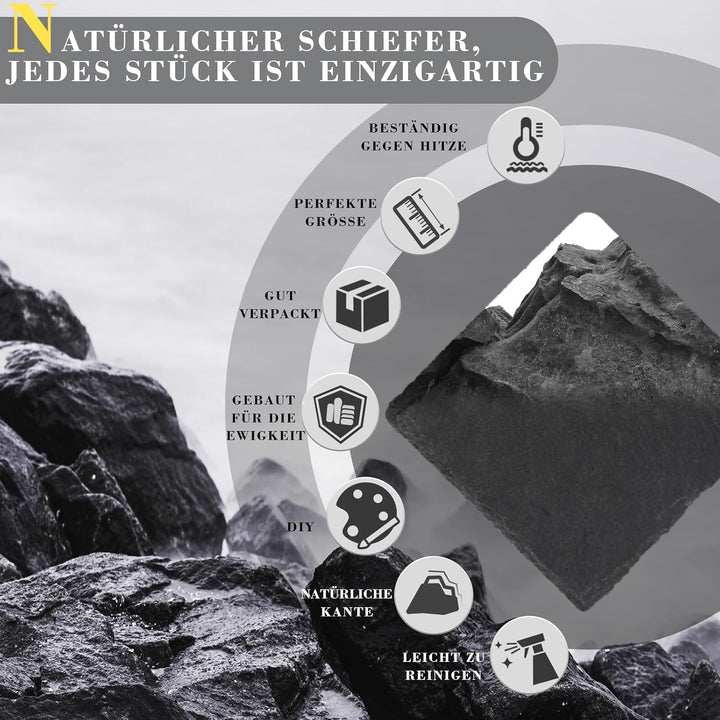 GOH DODD Getränkeuntersetzer us Schiefer mit Metallhalter, 4 Zoll, 8 Stück, Schwarze Stein-Untersetz