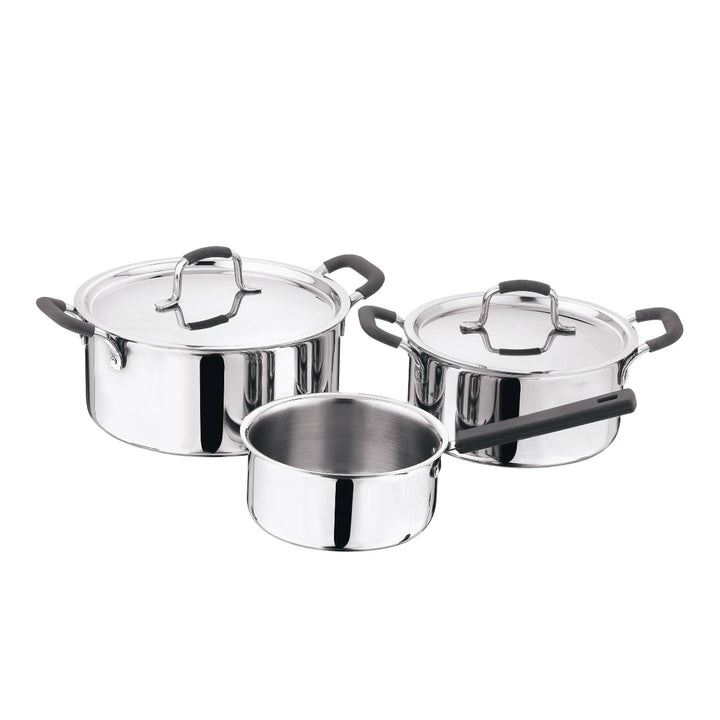 Kochgeschirr-Set, 2 Töpfe Ø 20 x 24 cm + Kasserolle Ø 16 cm aus Edelstahl und Silikongriffen. Master