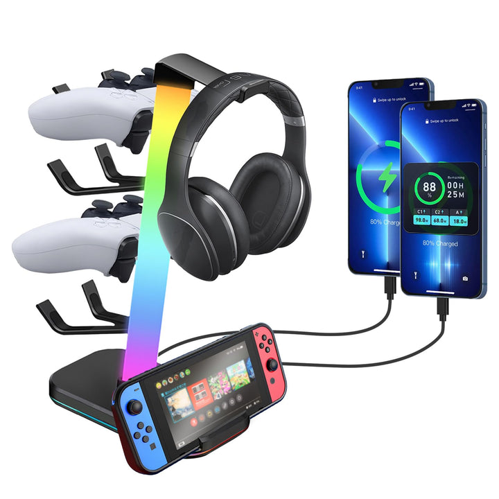 VCOM Gaming Headset Halterung mit 10 Lichtmodi, 1 USB 2 Typ-C Anschlüssen | Kopfhörer Halterung Tisc