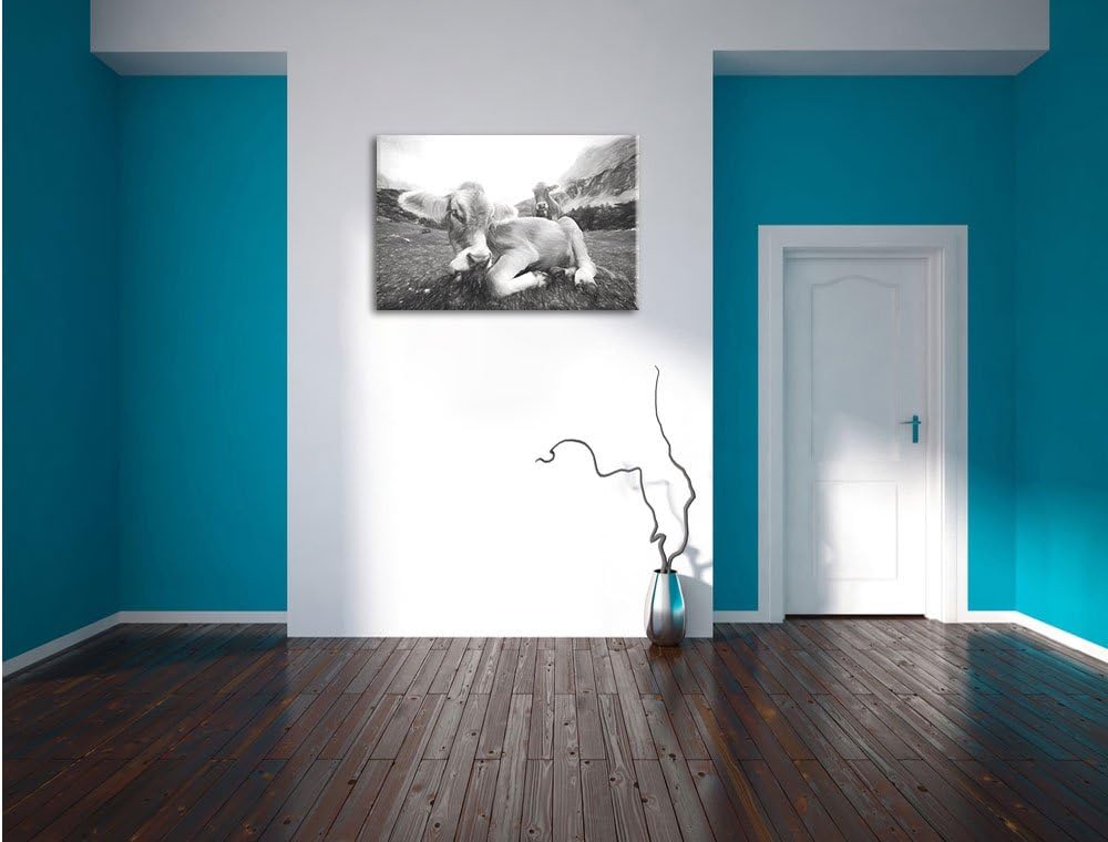 Pixxprint Almkuh in den Bergen Kunst / 100x70cm Leinwandbild bespannt auf Holzrahmen/Wandbild Kunstd