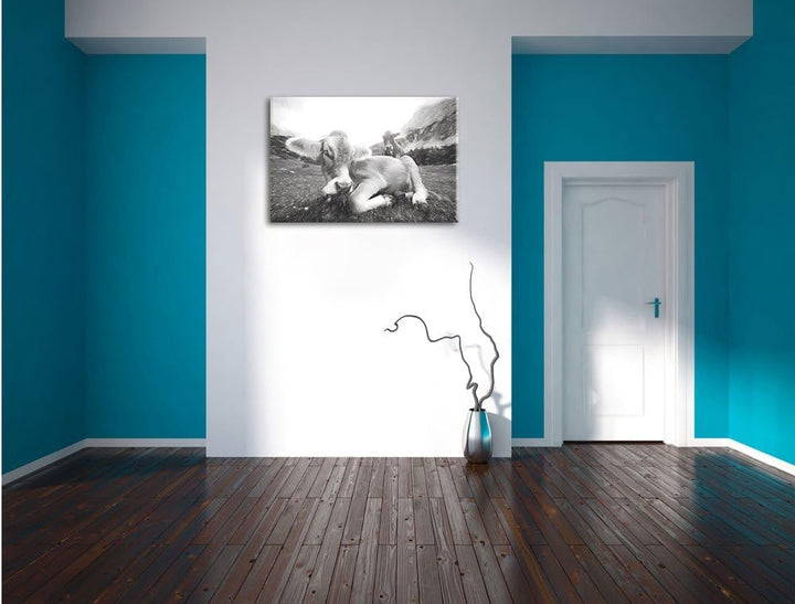 Pixxprint Almkuh in den Bergen Kunst / 100x70cm Leinwandbild bespannt auf Holzrahmen/Wandbild Kunstd