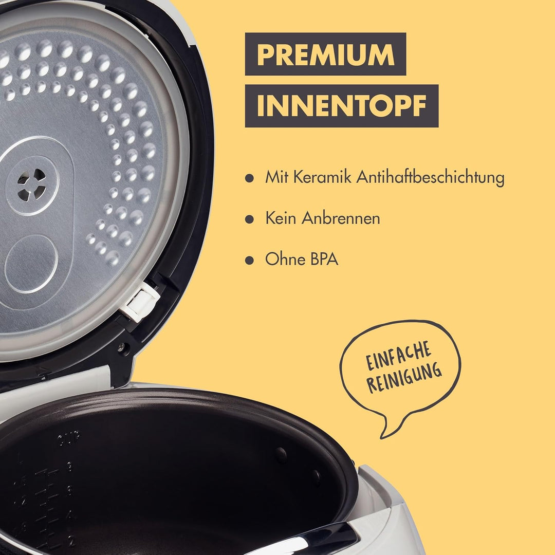 Reishunger Digitaler Reiskocher & Dampfgarer Grau + Gratis Kochbuch – Warmhaltefunktion, Timer & Pre