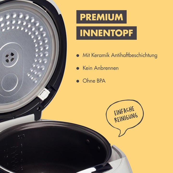 Reishunger Digitaler Reiskocher & Dampfgarer Grau + Gratis Kochbuch – Warmhaltefunktion, Timer & Pre