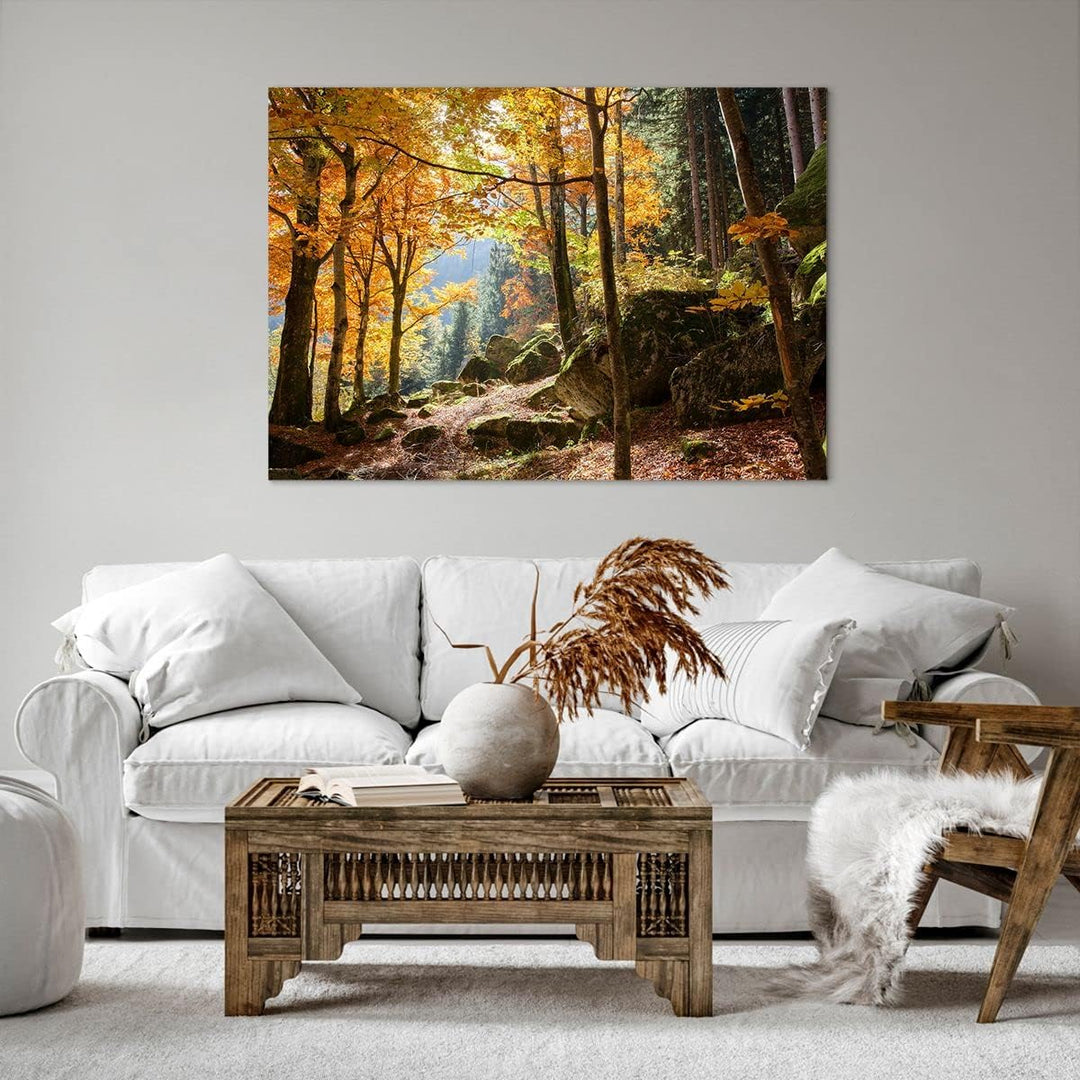 ARTTOR Bilder auf Leinwand 100x70cm Leinwandbild Herbst berg wald natur Gross Wanddeko Bild Schlafzi