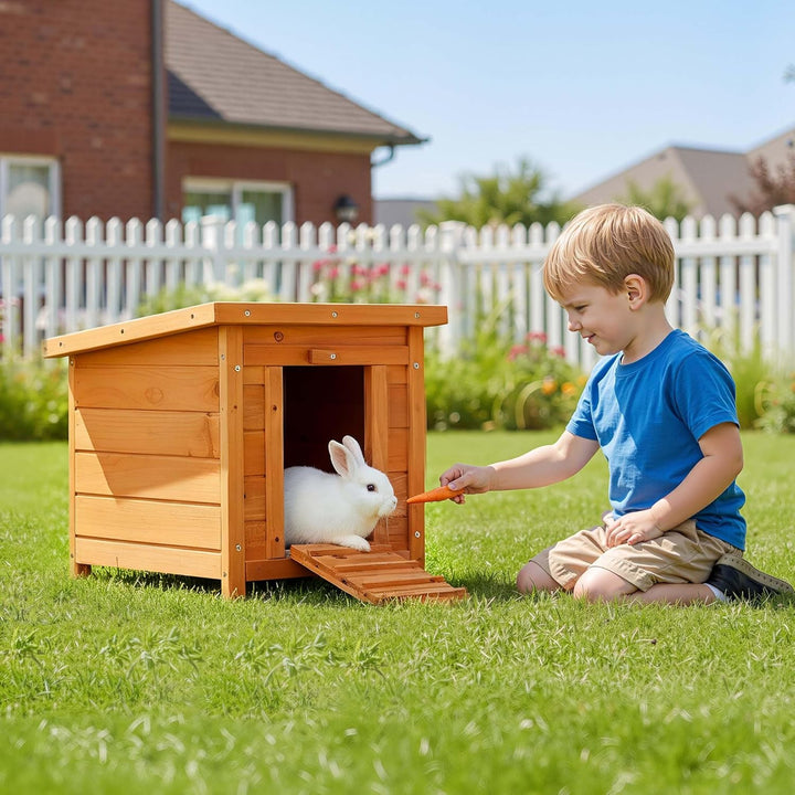 Wiltec Katzenhaus 420 x 515 x 430 mm aus Fichtenholz, Kleintierhaus Kaninchenstall mit Dach aufklapp