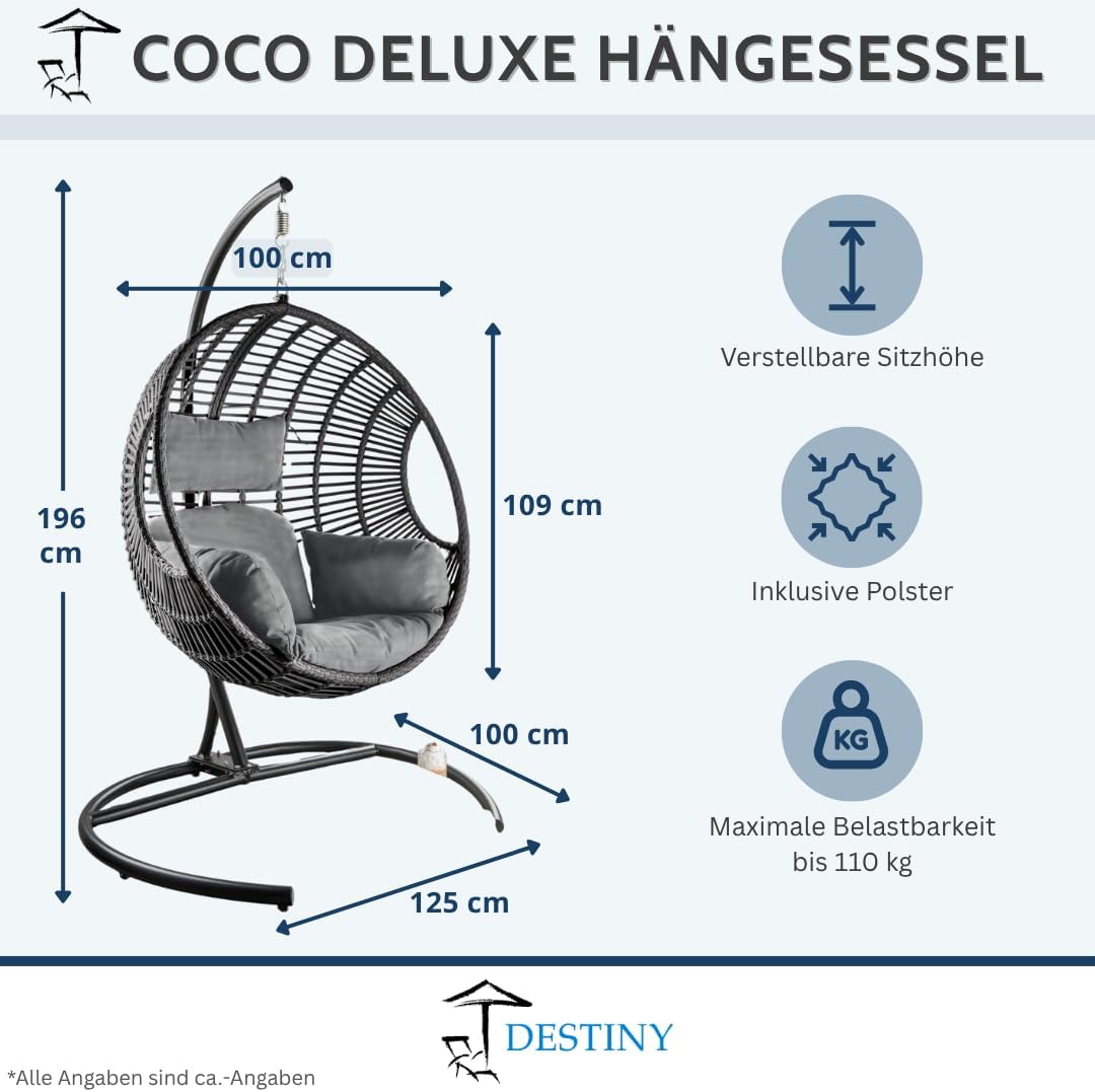 Destiny Coco Deluxe II Grau Meliert Hängesessel Polyrattan Hängekorb Hängestuhl