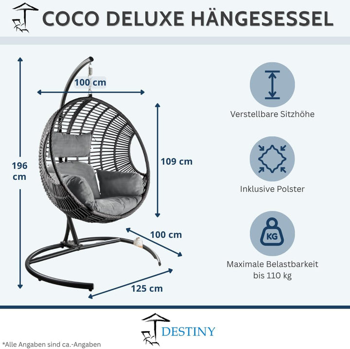 Destiny Coco Deluxe II Grau Meliert Hängesessel Polyrattan Hängekorb Hängestuhl