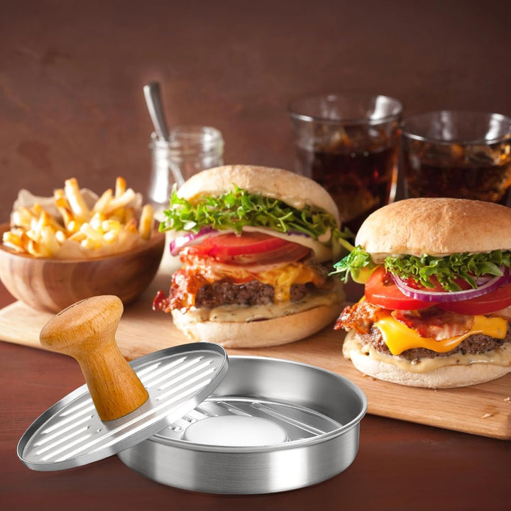 Burgerpresse – Lebensmitteltaugliche Edelstahlpresse mit rutschfestem Holzgriff und 100 Antihaft-Pap