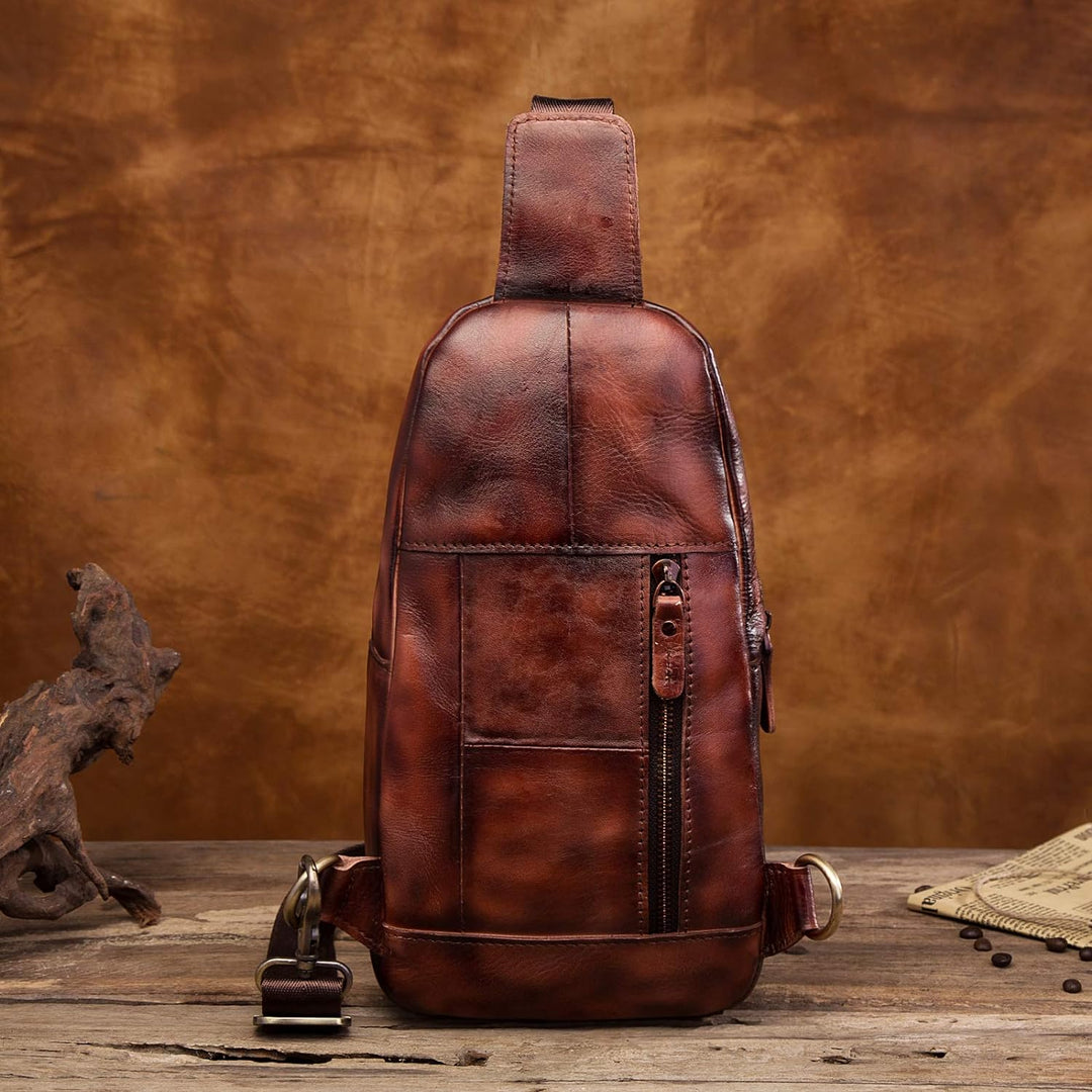 Le'aokuu Herren Echtes Leder Brusttasche Crossbody Bag Sling Bag Schultertasche Gurteltasche Umhänge