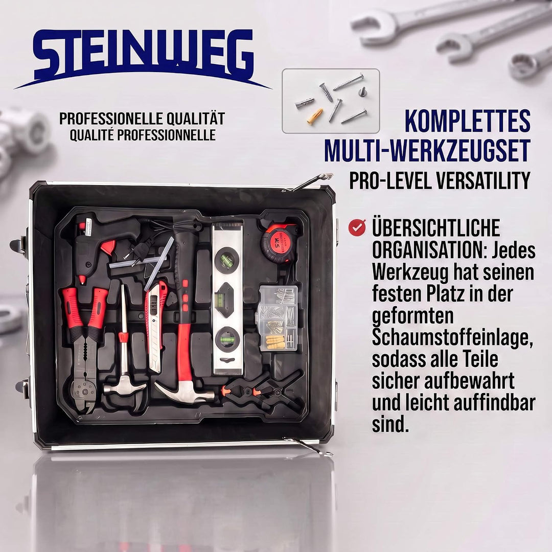 STEINWEG Aluminium Werkzeugkoffer Gefüllt 1400-tlg Werkzeug Set, Profi Werkzeugkoffer befüllt mit Sc
