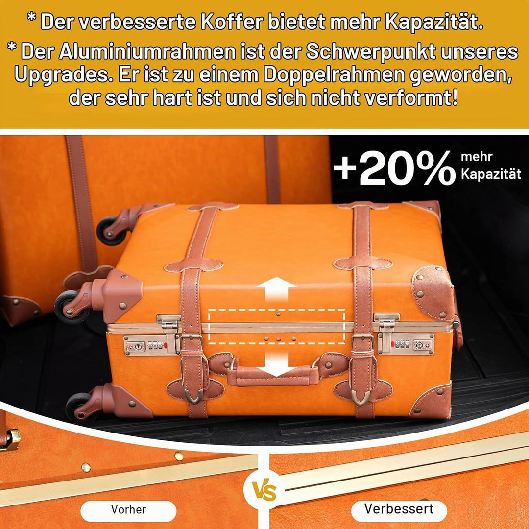 Urecity Koffer Vintage mit 4 Rollen Trolley Koffer Reisekoffer Leicht Retro Hartschalen Koffer 2-Tei