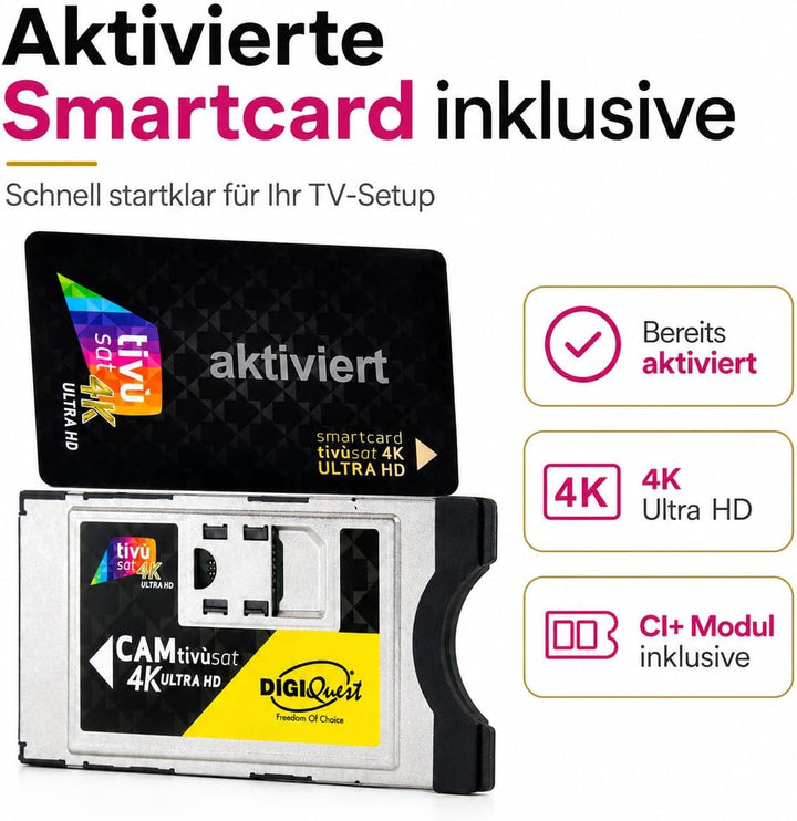 CAM Modul Tivusat 4K + aktivierte Karte Smartcard CI+ Digiquest TVSAT Italia
