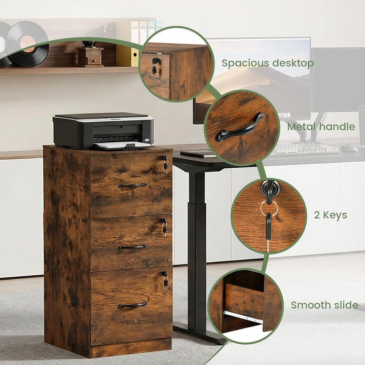 Aktenschrank Abschliessbar, Büroschrank Holz mit 3 Schubladen, Mehrzweckschrank 40 cm Breit, Schubla