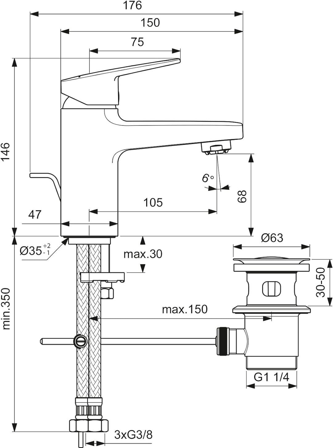 Ideal Standard BD217AA Ceraplan Waschtischarmatur Niederdruck mit Zugknopf-Ablaufgarnitur Auslaufhöh