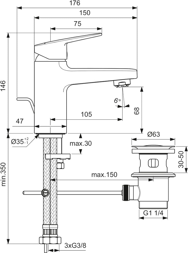 Ideal Standard BD217AA Ceraplan Waschtischarmatur Niederdruck mit Zugknopf-Ablaufgarnitur Auslaufhöh